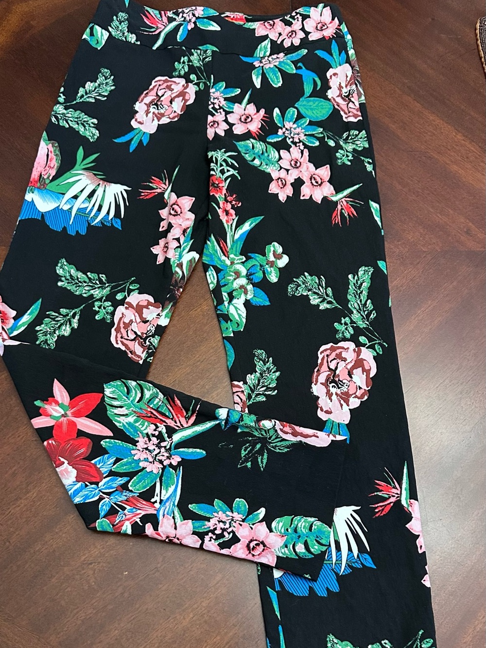 Krazy Larry Black Tropical Botanical Floral Pull On Stretch Ankle Pants Size 8